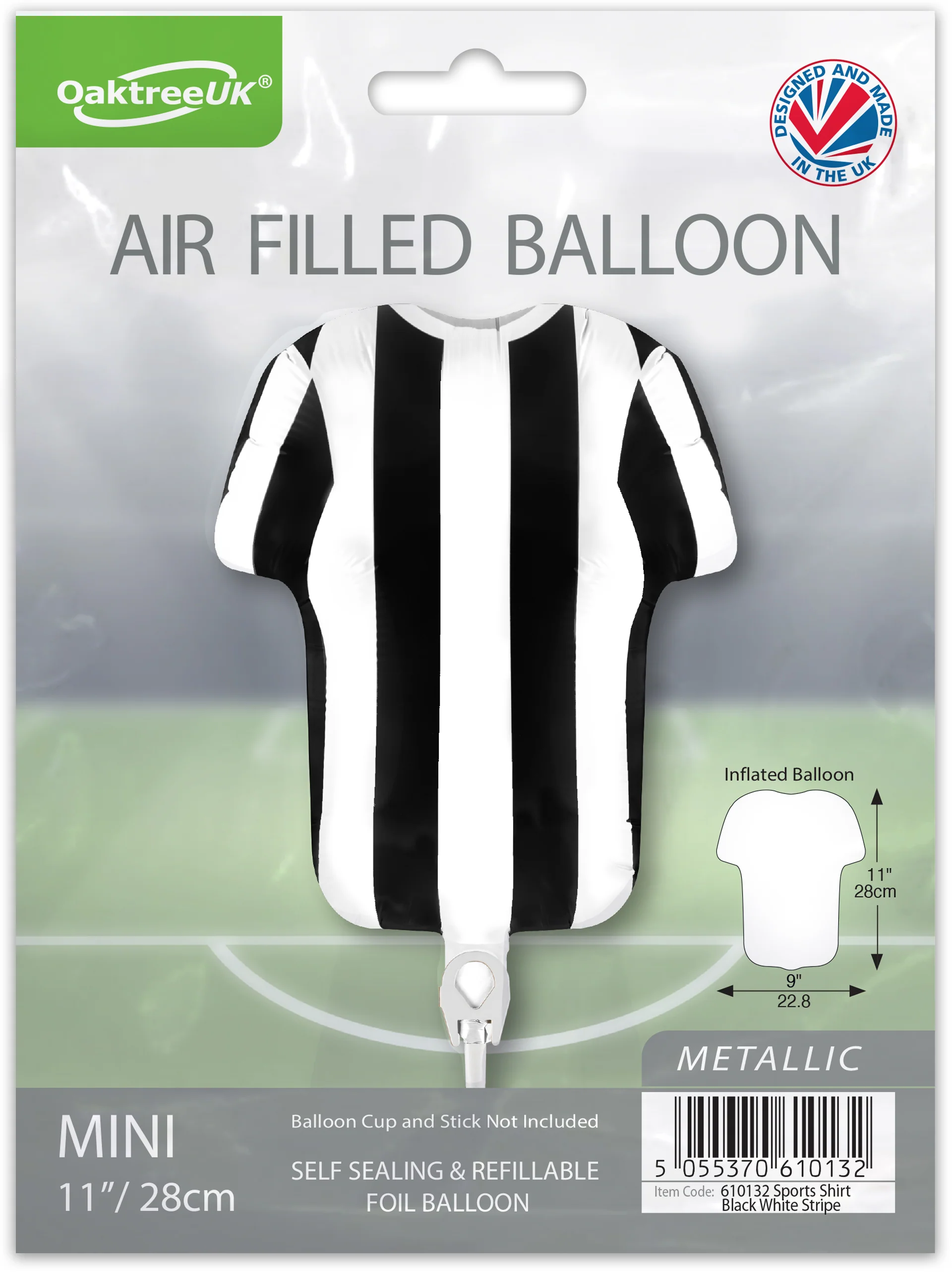 11" Airfill Only Oaktree Brand Sports Shirt Black White Stripe Metallic (For Air) Packaged Foil Balloon - Image 2