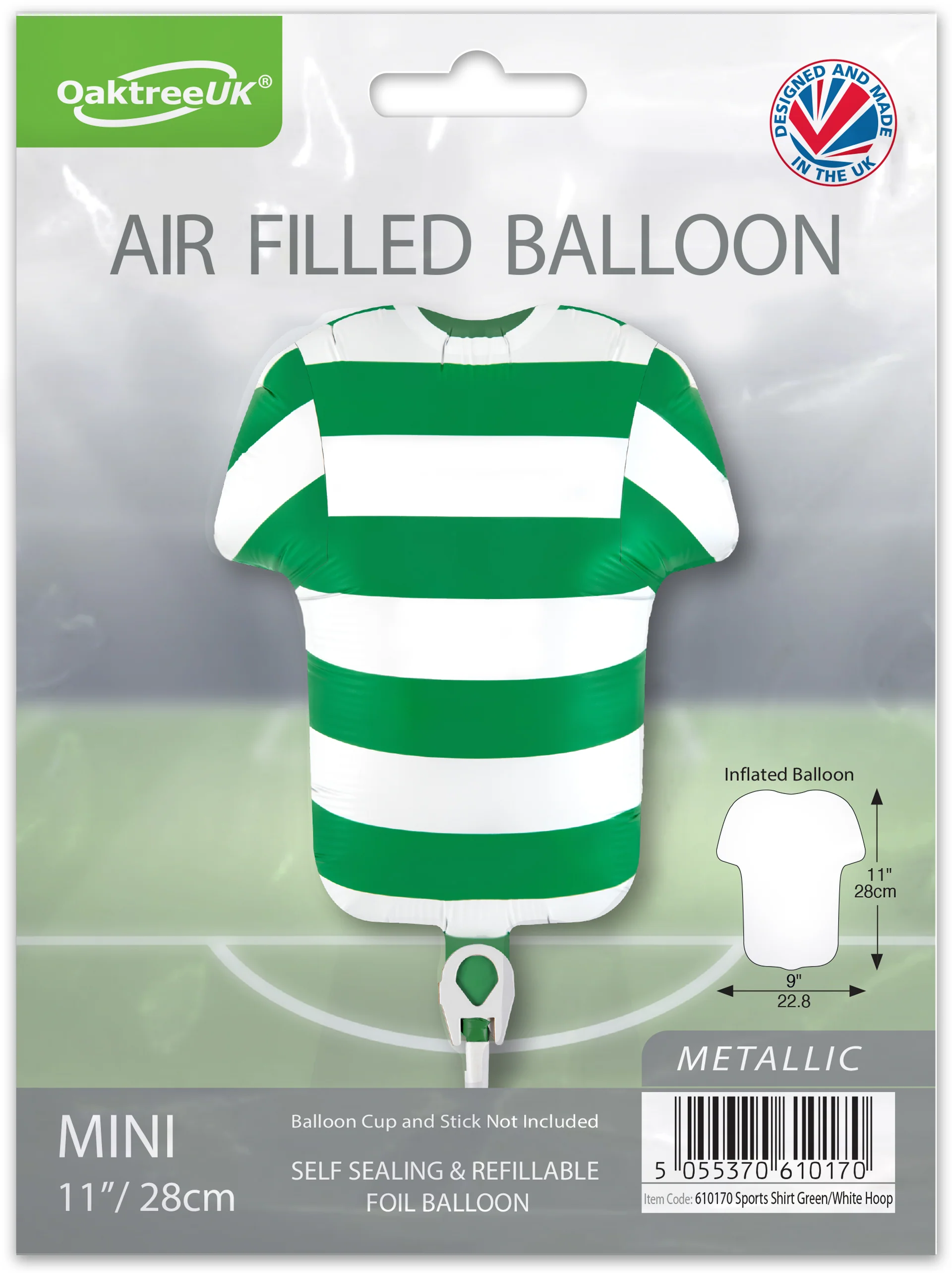 11" Airfill Only Oaktree Brand Sports Shirt Green/White Hoop Metallic (For Air) Packaged Foil Balloon - Image 2