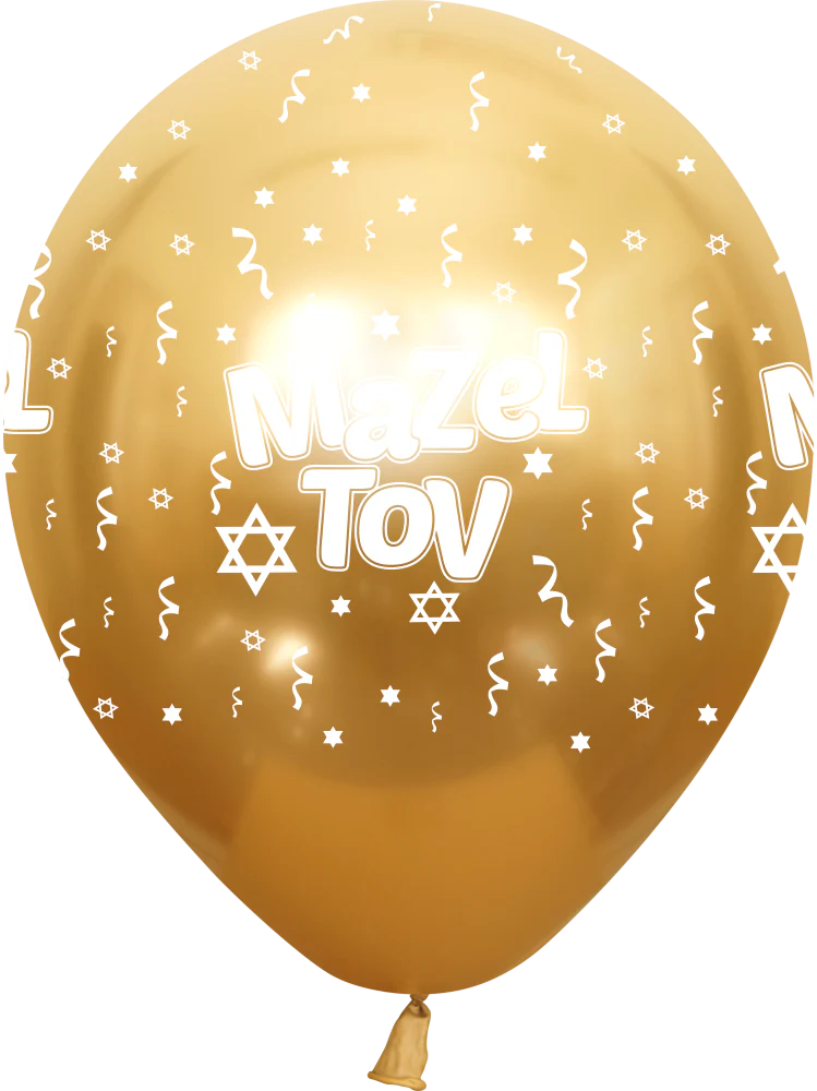 12" Mazel Tov Printed Gold Mirror Kalisan Latex Balloons (25 Per Bag)