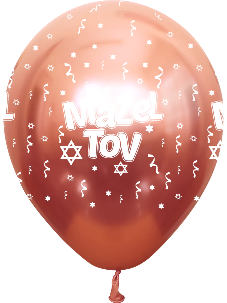 12" Mazel Tov Printed Rose Gold Mirror Kalisan Latex Balloons (25 Per Bag)