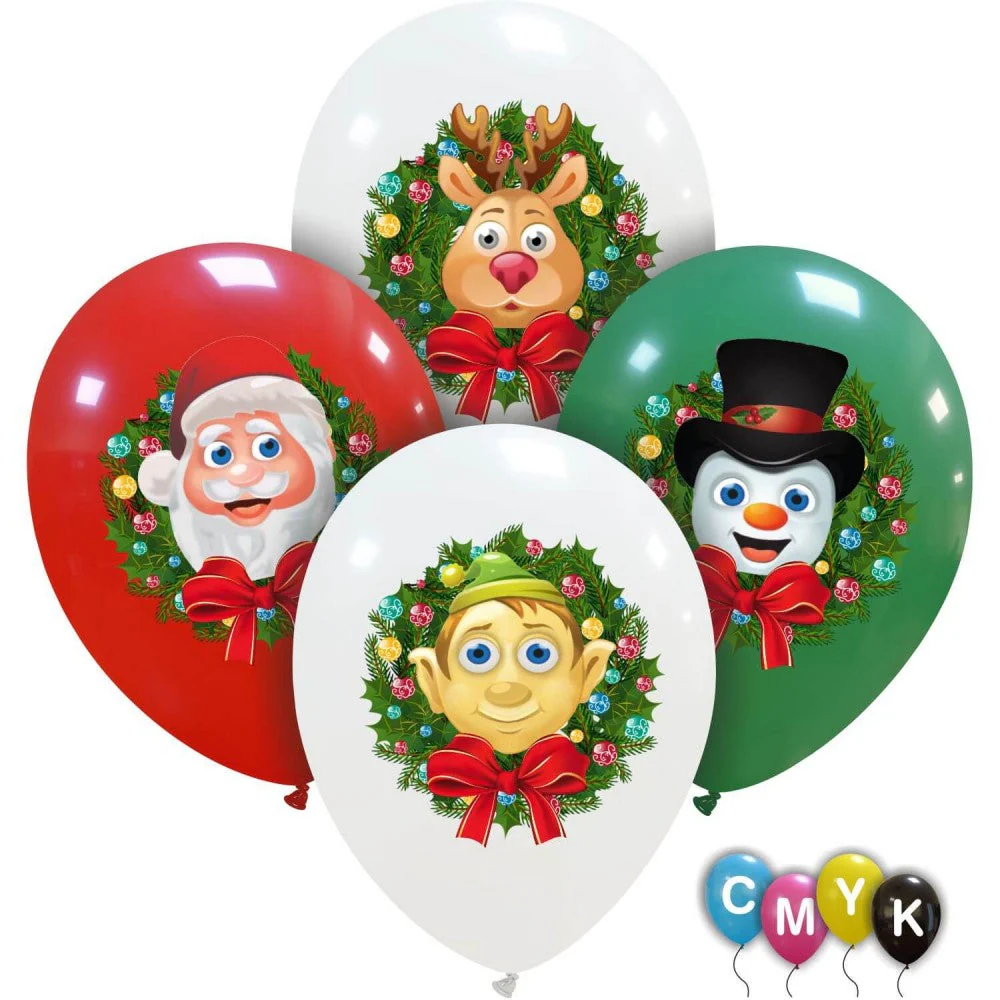 12" Christmas Friends (CMYK) 1 Sided (25 Per Bag) Cattex Brand Printed Latex Balloons