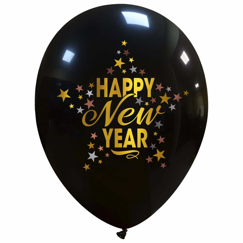 12" Happy New Year Stars (3 Colors) 1 sided (25 Per Bag) Cattex Brand Printed Latex Balloons