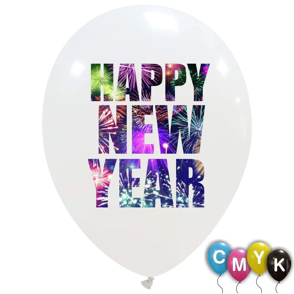 12" New Year Full Color (CMYK) 1 sided (25 Per Bag) Cattex Brand Printed Latex Balloons