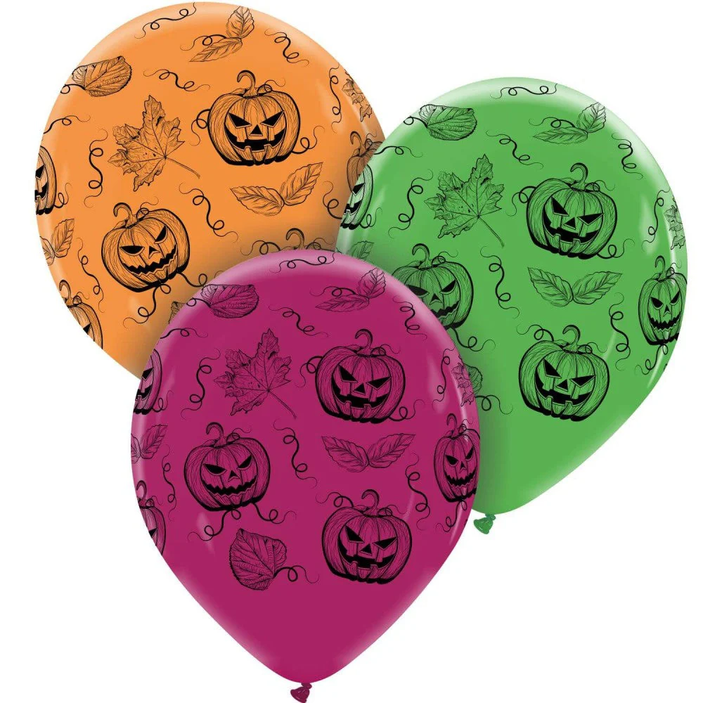 12" Pumpkin Frenzy (Premium) All Around (25 Per Bag) Cattex Brand Printed Latex Balloons
