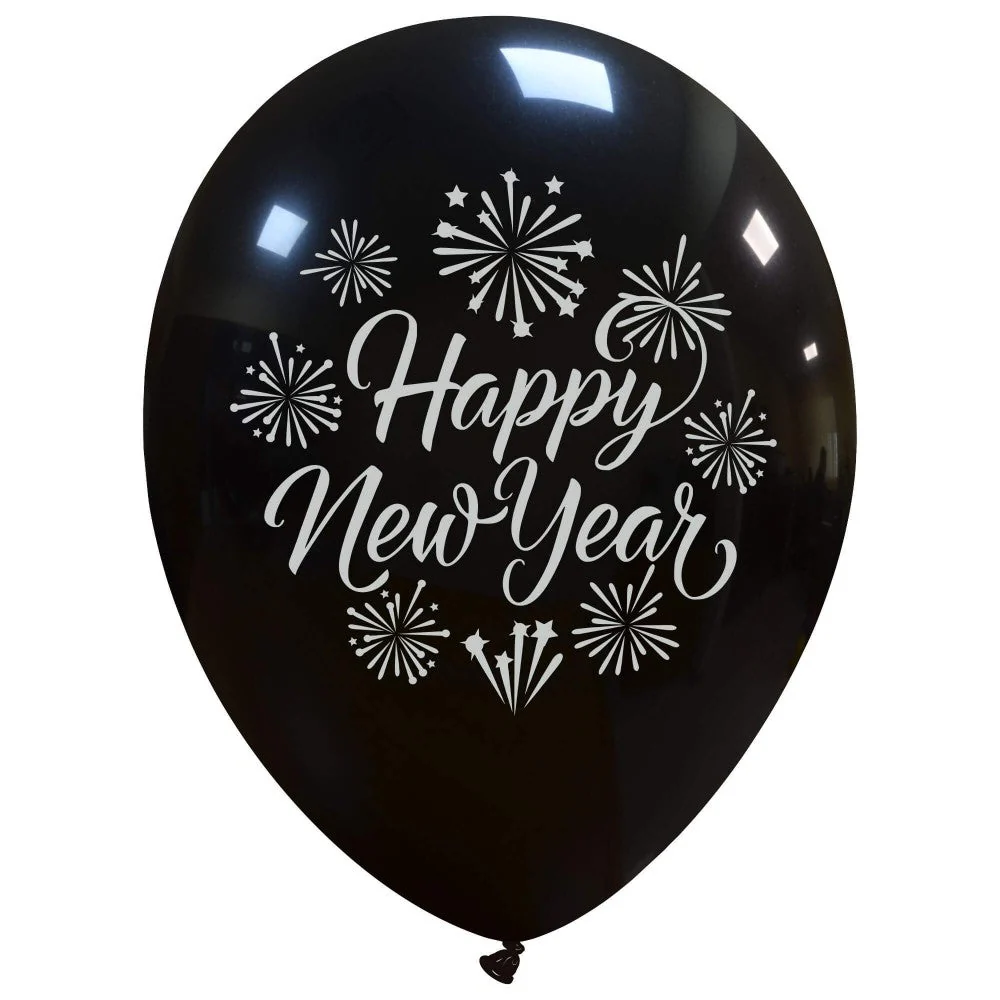 12" Silver Happy New Year 2 Sided (25 Per Bag) Cattex Brand Printed Latex Balloons