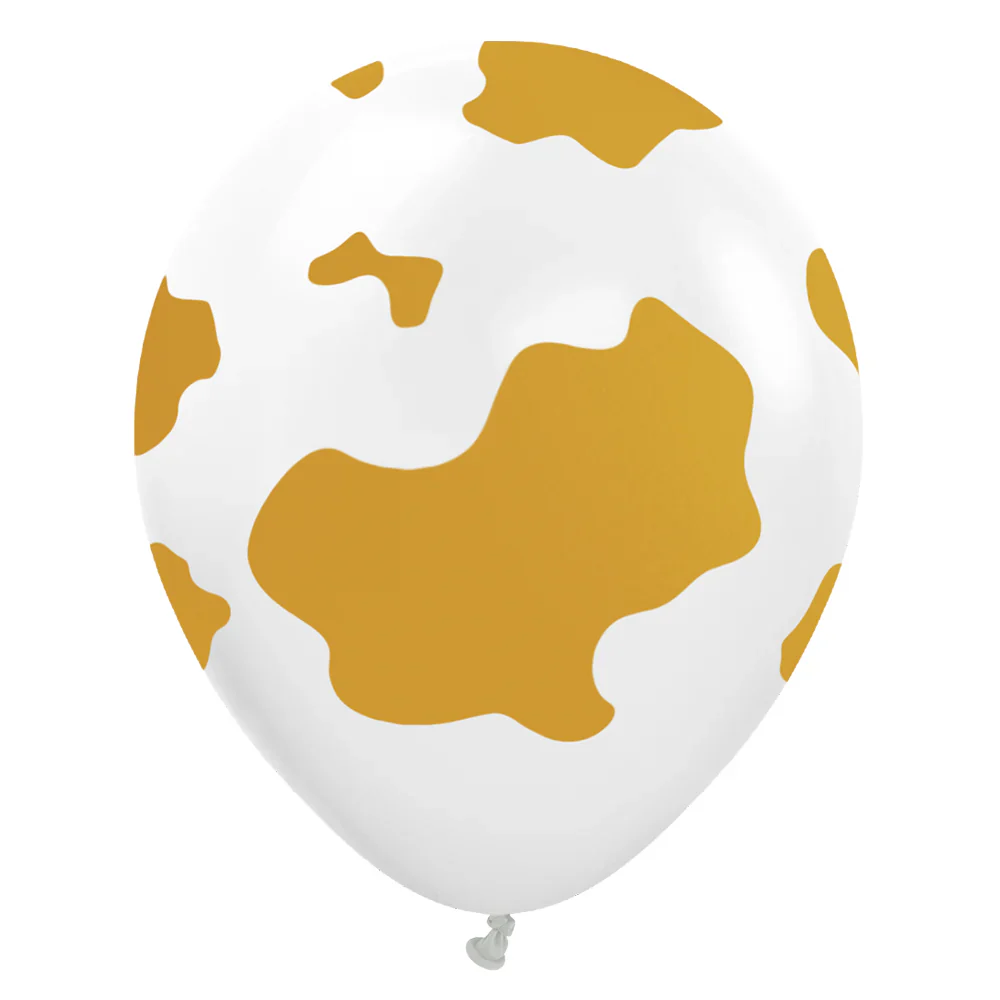12" Kalisan Printed Safari Country Cow White (Print Color: Gold) (25 Per Bag) Latex Balloons