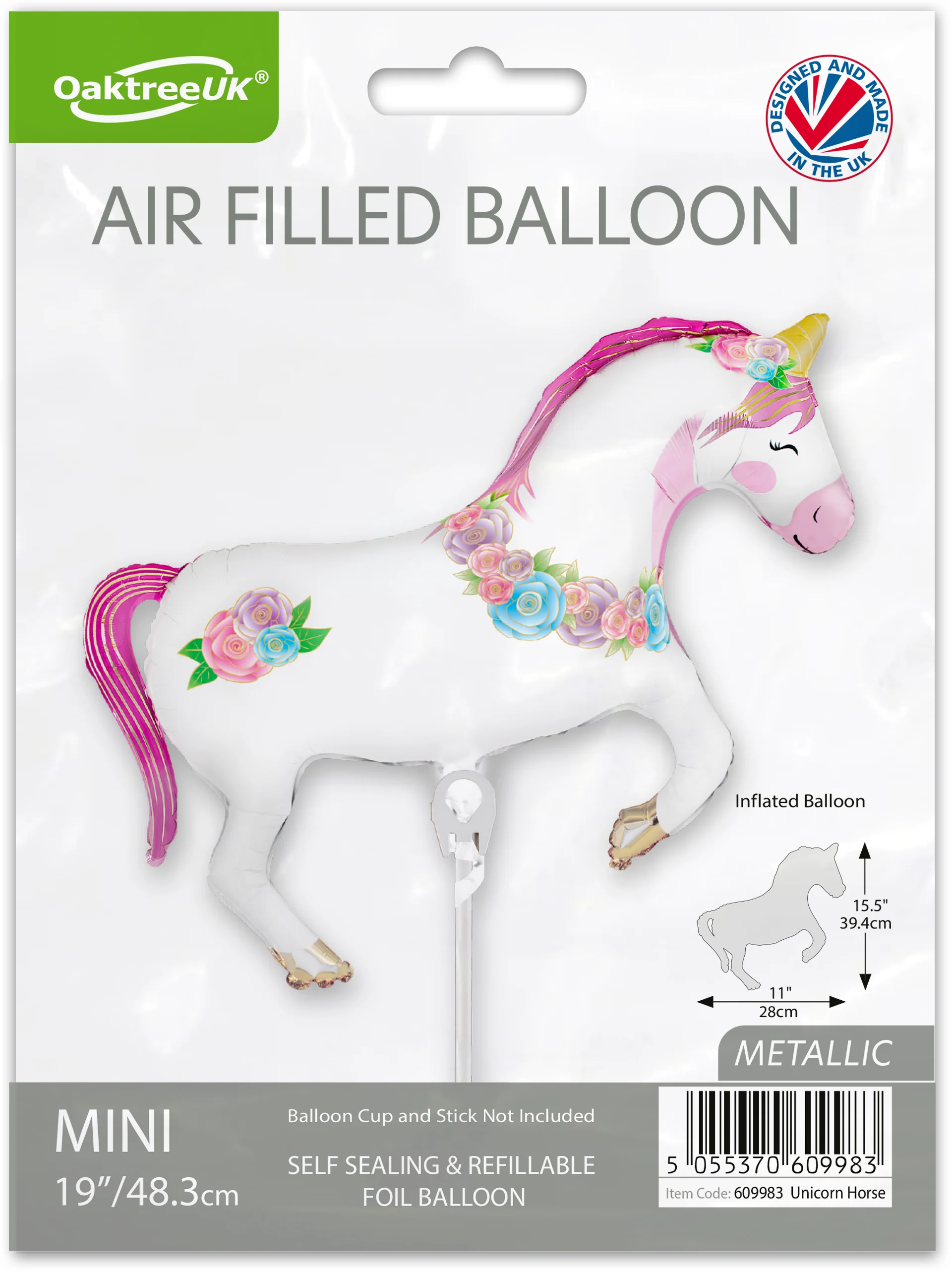 15" Airfill Only (Sticks Sold Separately) Oaktree Mini Shape Unicorn with Flowers Metallic Packaged - Image 3