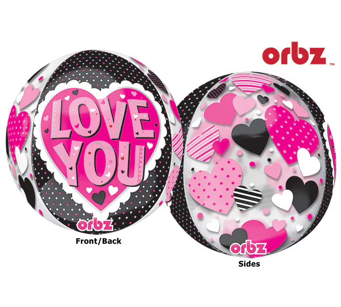 16" Orbz Multi-Film Love You Black & Pink Balloon Packaged