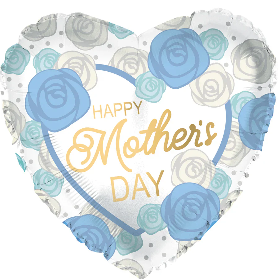 17" Happy Mother's Day Blue and Silver Roses Foil Balloon