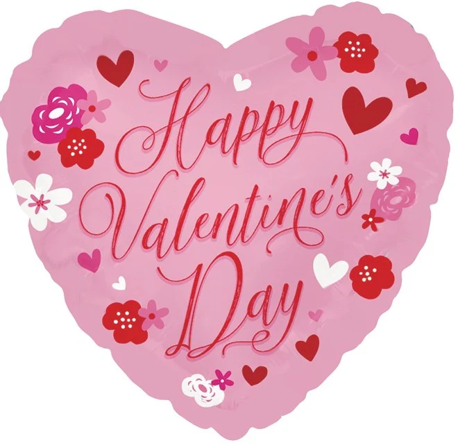 17" Happy Valentine's Day Pink With Flowers Foil Balloons