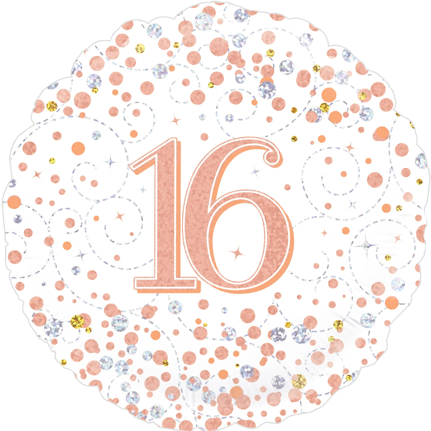 18" 16th Sparkling Fizz Birthday White & Rose Gold Holographic Oaktree Foil Balloon