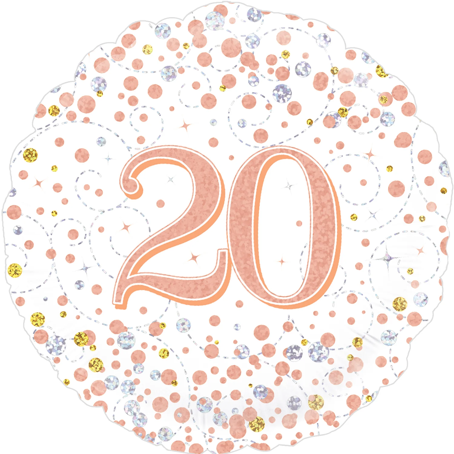 18" 20th Sparkling Fizz Birthday White & Rose Gold Holographic Oaktree Foil Balloon