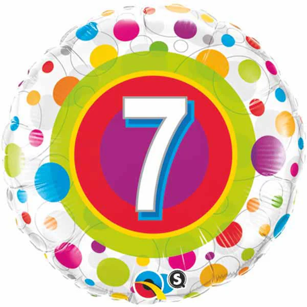 18" Age 7 Colourful Dots Packaged Mylar Balloon