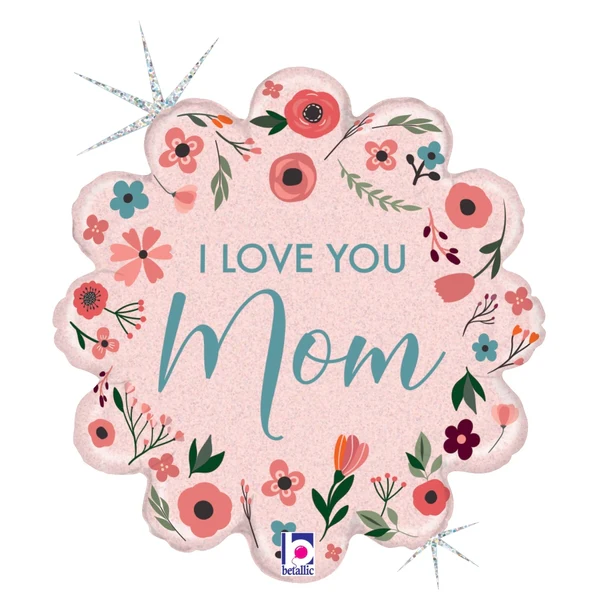 18" Foil Holographic Packaged Mint Love You Mom Foil Balloon