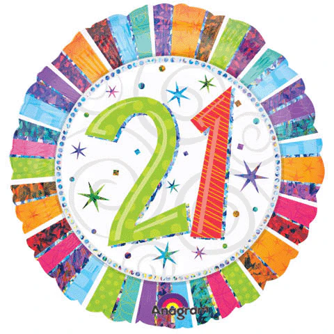 18" Holographic Radiant Birthday 21 Balloon Packaged