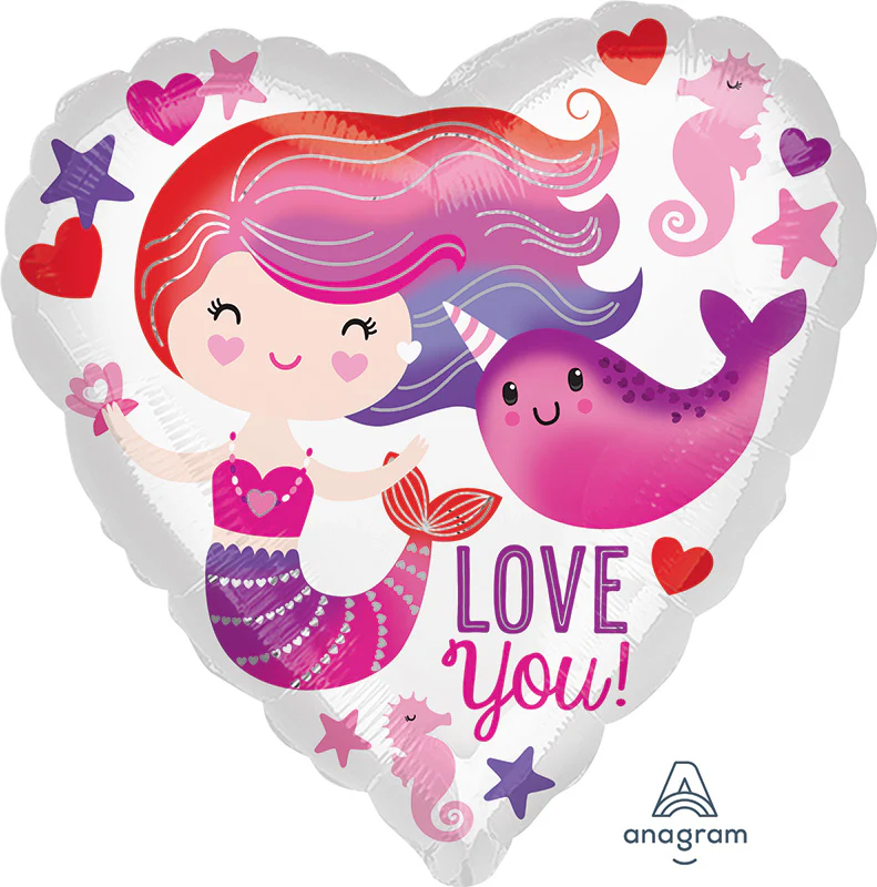 18" Mermaid and Narwhal Love Foil Balloon