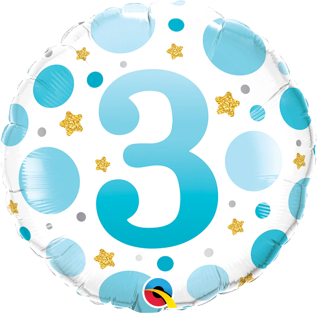 18" Round Age 3 Blue Dots Foil Balloon
