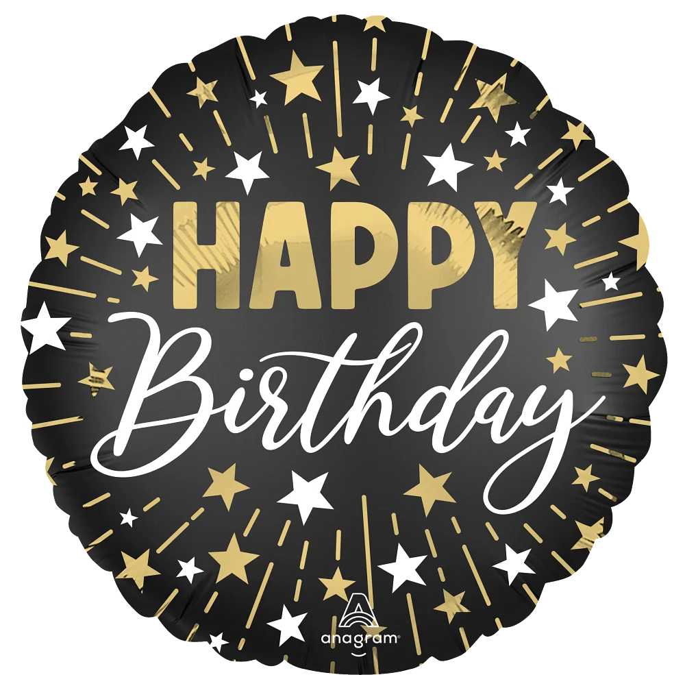 18" Satin Black Silver Gold Happy Birthday Foil Balloon