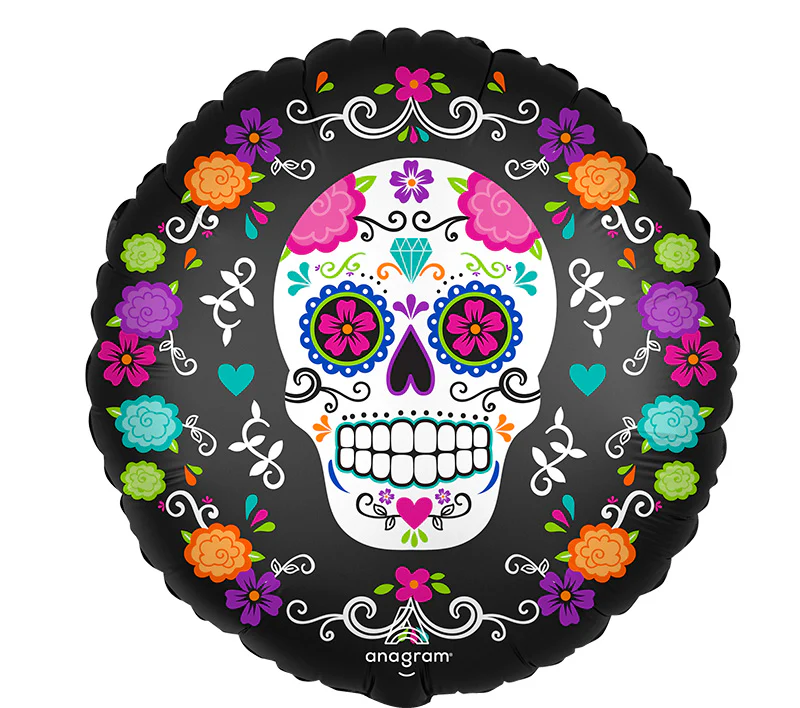 18" Satin Sugar Skull & Marigolds Foil Balloon