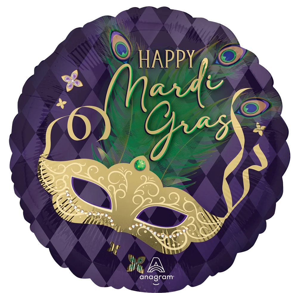 18" Happy Mardi Gras Mask Foil Balloon
