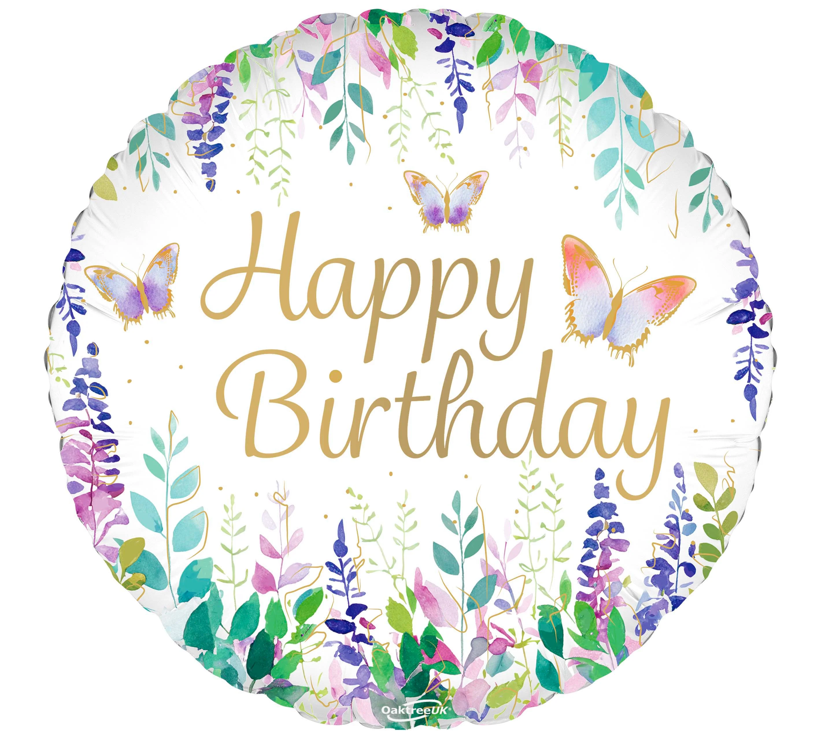18" Happy Birthday Watercolour Floral Metallic Oaktree Brand Foil Balloon