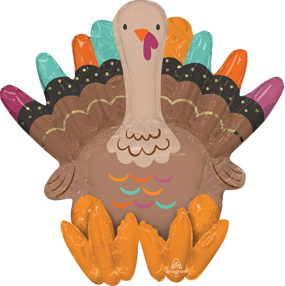21" Consumer Inflatable: Multi-Balloon Give Thanks Turkey Sitter Foil Balloon