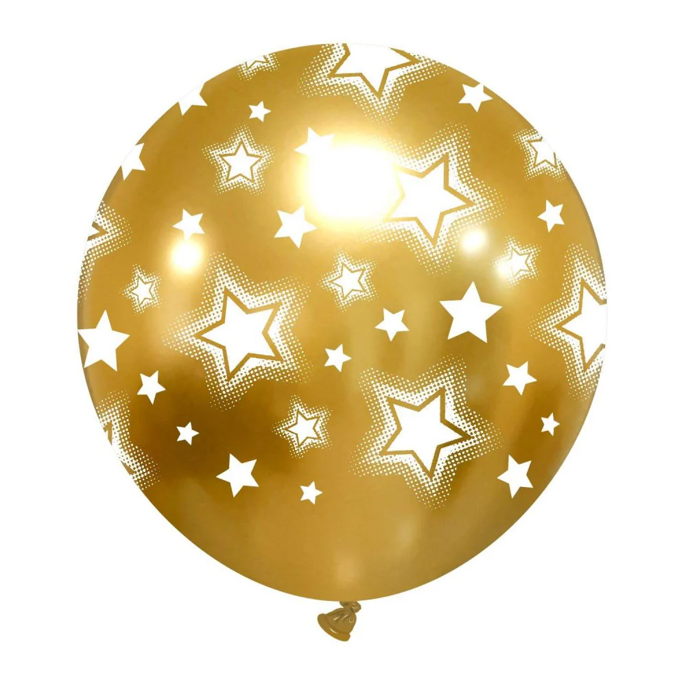 24" Bright Stars Titanium (Chrome/Mirror) Gold All Around (1 Per Bag) Cattex Brand Printed Latex Balloons