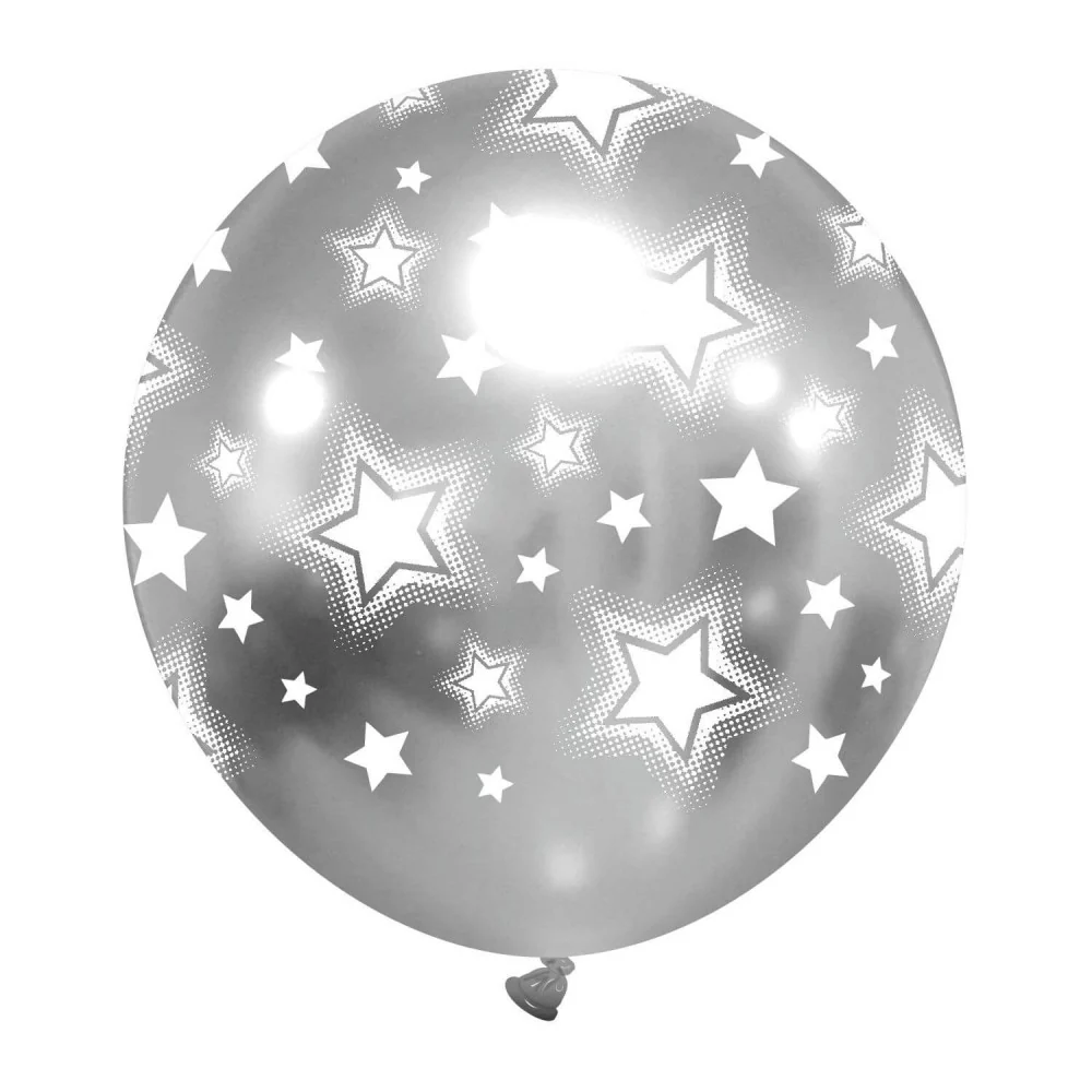 24" Bright Stars Titanium (Chrome/Mirror) Platinum All Around (1 Per Bag) Cattex Brand Printed Latex Balloons
