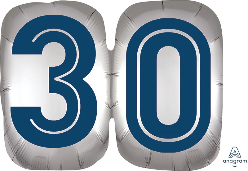 25" SuperShape Silver/Blue Number 30 Foil Balloon