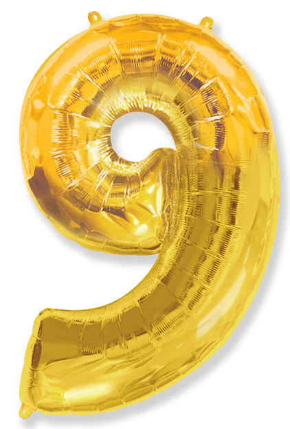 32" Inflated (40" Uninflated Approx) Shape Number "9" Gold Balloon Flexmetal