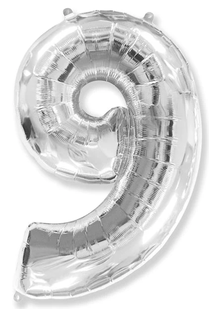 32" Inflated (40" Uninflated Approx) Shape Number "9" Silver Balloon Flexmetal