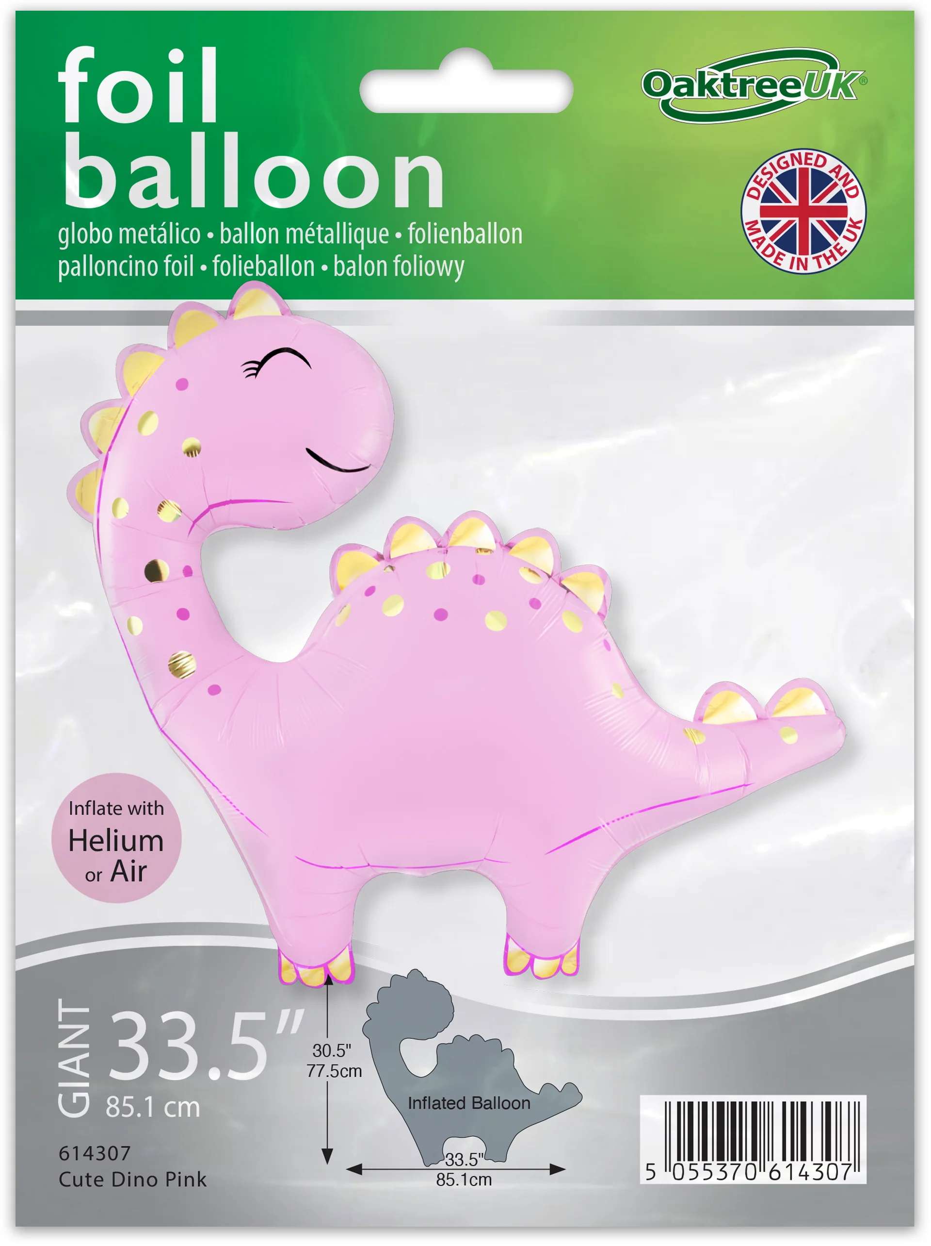 33.5" Cute Dinosaur Pink Metallic Packaged Oaktree Brand Foil Balloon - Image 2