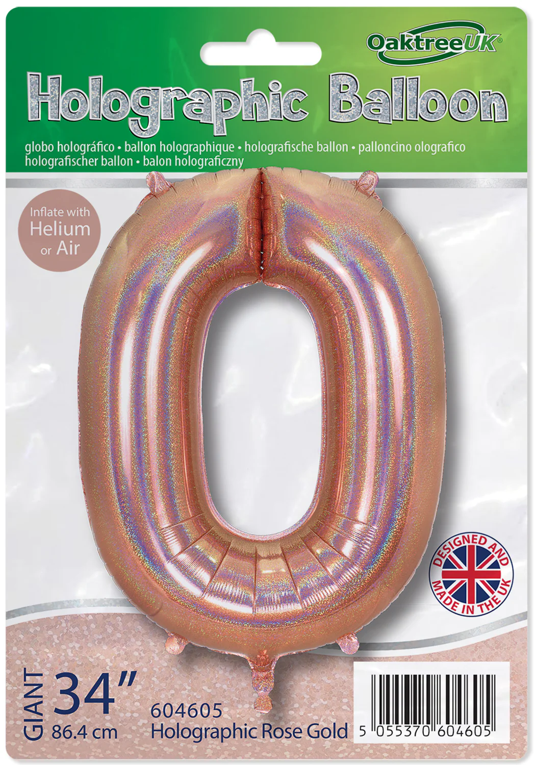 34" Number 0 Holographic Rose Gold Oaktree Foil Balloon - Image 2