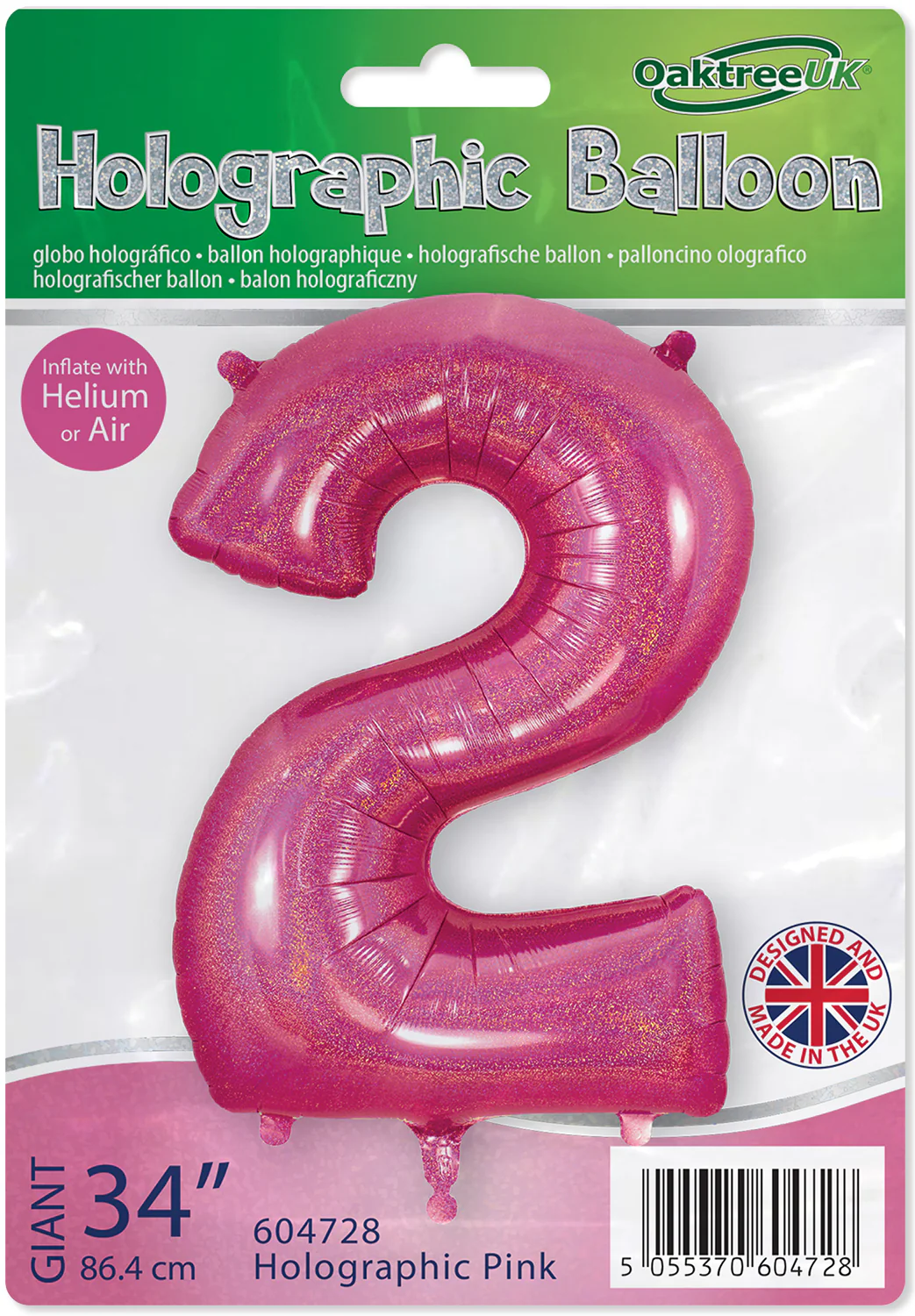 34" Number 2 Holographic Pink Oaktree Foil Balloon - Image 2
