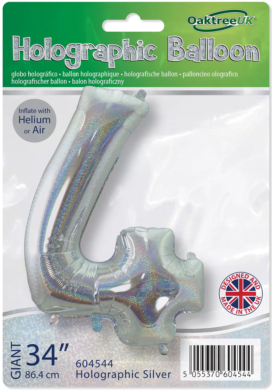 34" Number 4 Holographic Silver Oaktree Foil Balloon - Image 2