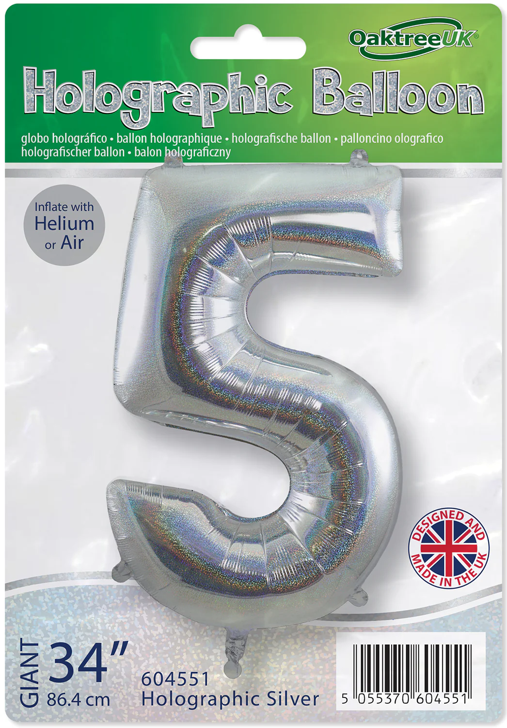 34" Number 5 Holographic Silver Oaktree Foil Balloon - Image 2
