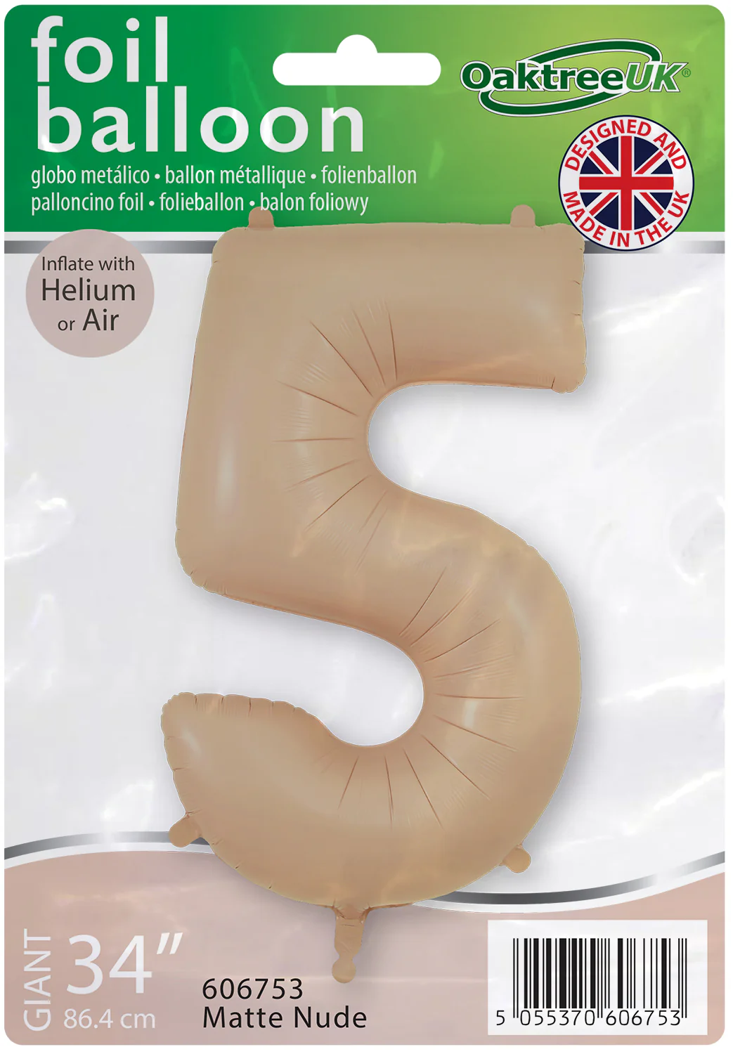 34" Number 5 Matte Nude Oaktree Foil Balloon - Image 2