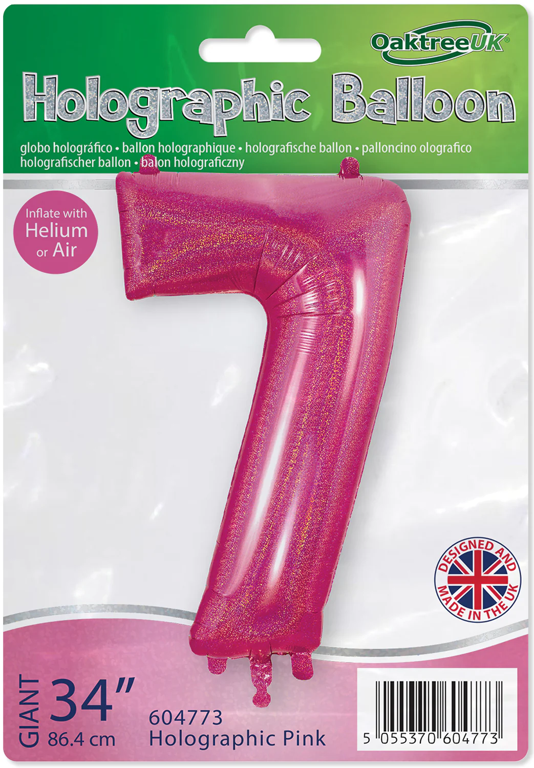 34" Number 7 Holographic Pink Oaktree Foil Balloon - Image 2