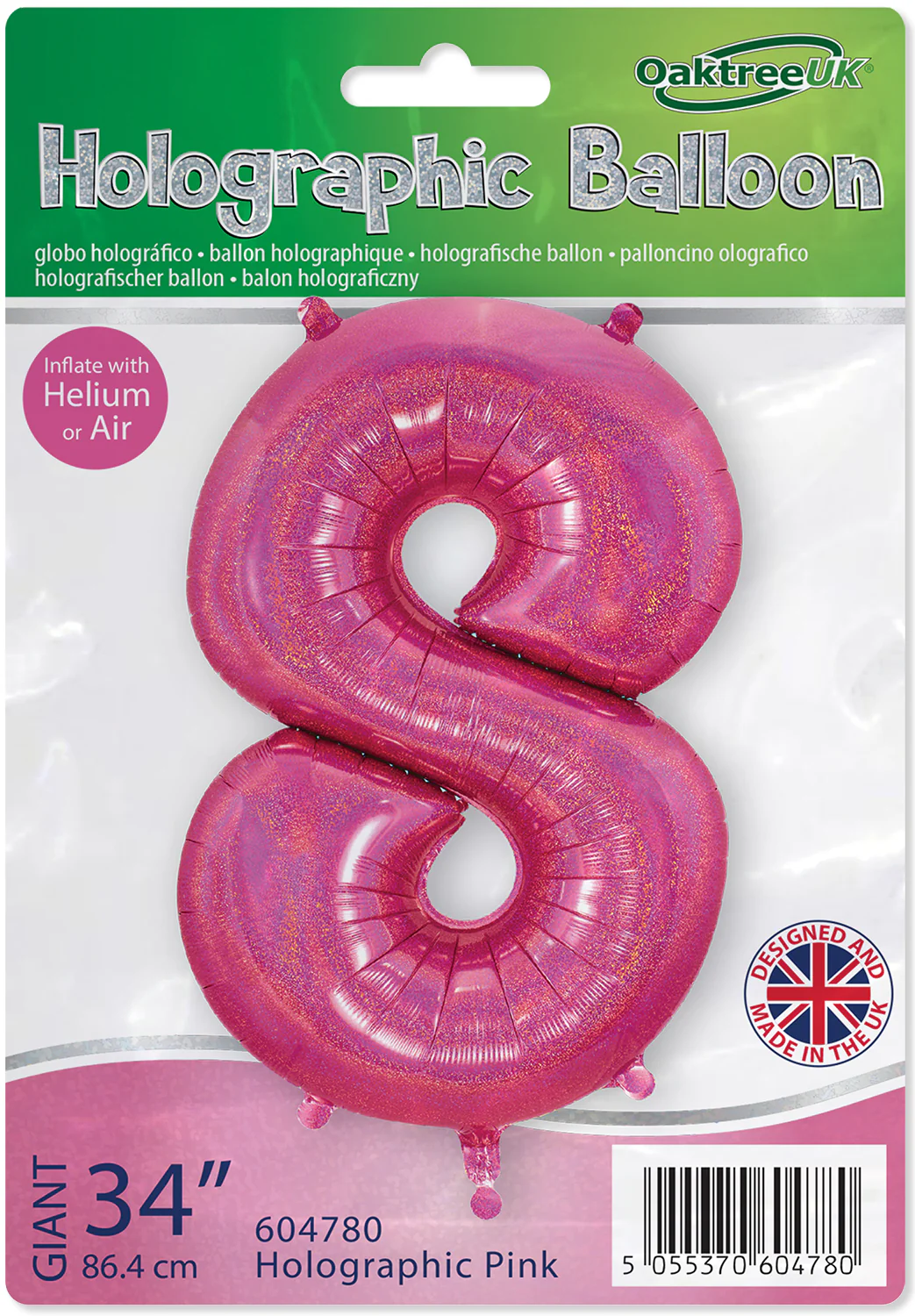 34" Number 8 Holographic Pink Oaktree Foil Balloon - Image 2