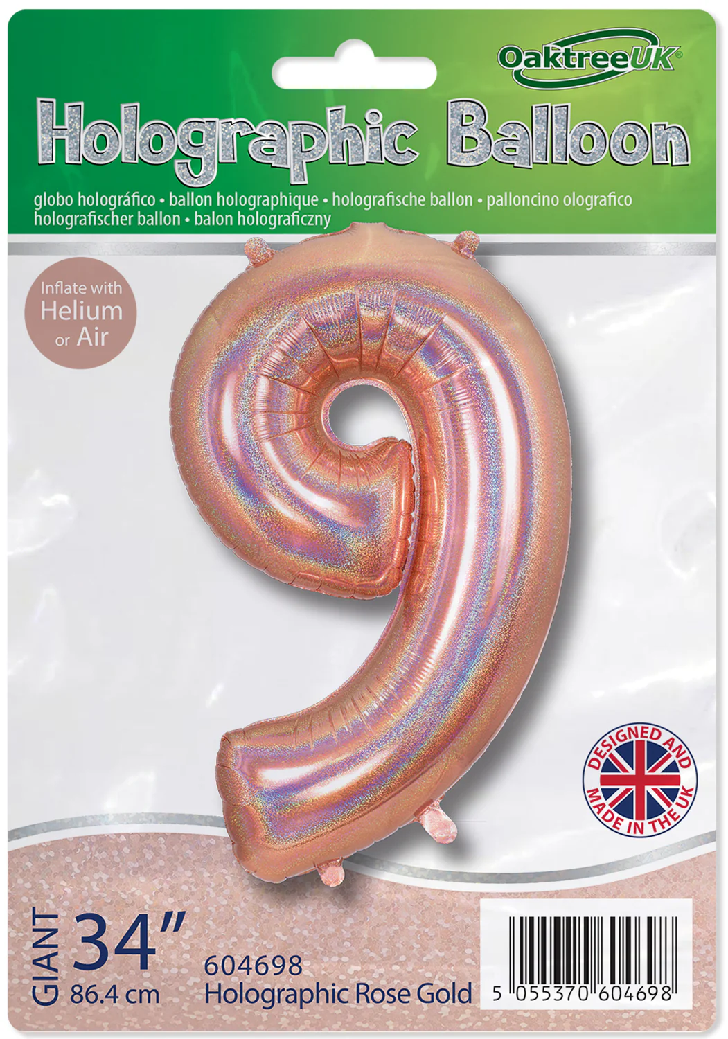 34" Number 9 Holographic Rose Gold Oaktree Foil Balloon - Image 2