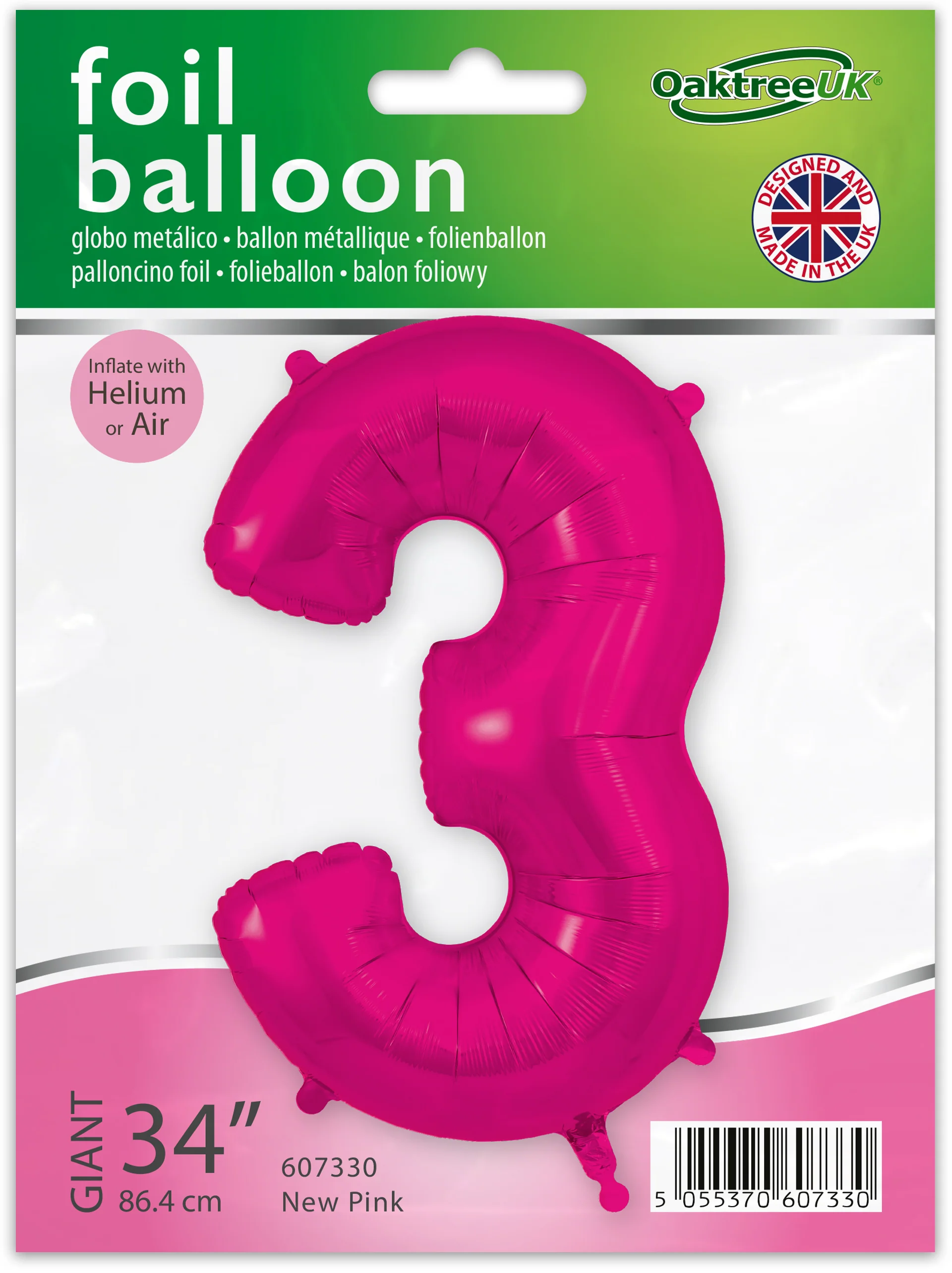 34" Number 3 New Pink Oaktree Brand Foil Balloon - Image 2