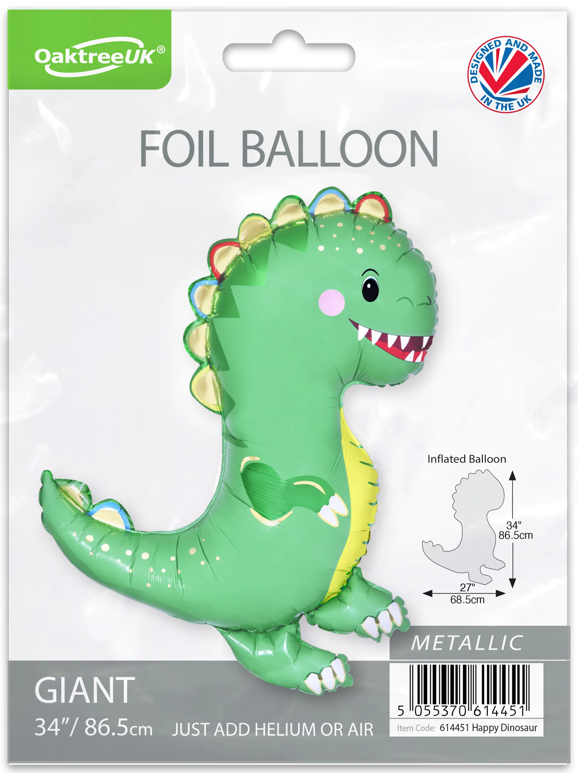 34" Oaktree Brand Happy Dinosaur Metallic Packaged Foil Balloon - Image 2