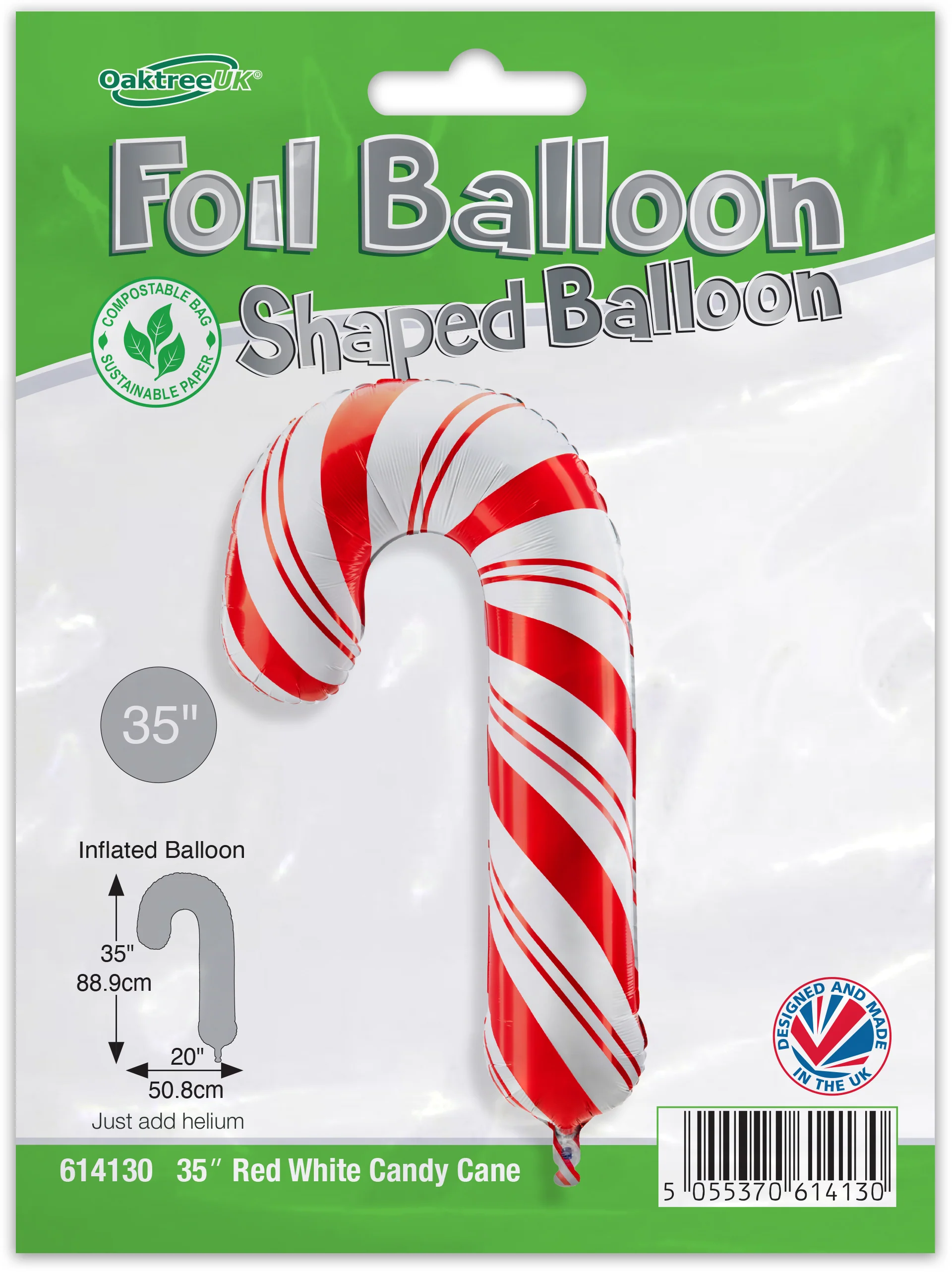 35" Red White Candy Cane Metallic Packaged Oaktree Brand Mylar/Foil Balloon - Image 2