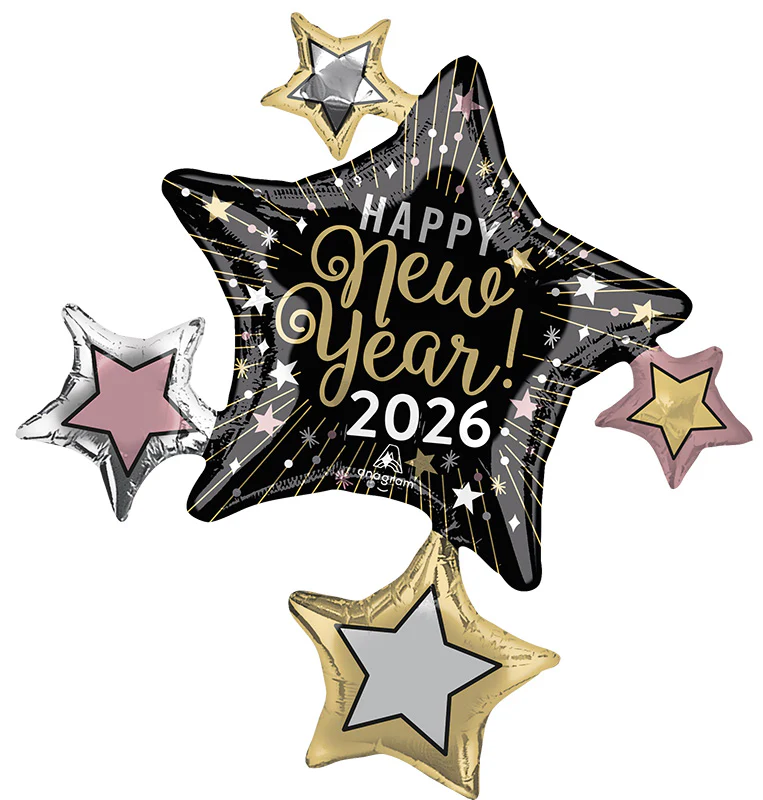 35" SuperShape 2026 New Year Eve Celebration Stars Foil Balloon