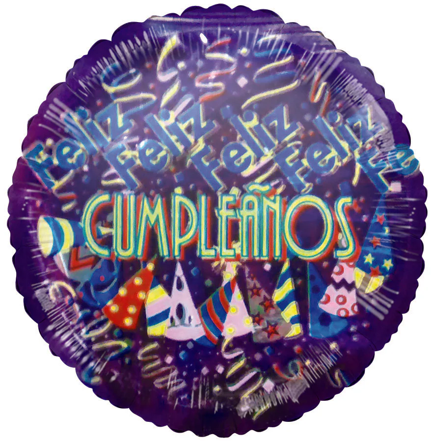 4" Airfill Only (Sticks Sold Separately) Feliz Cumpleanos Purple Hats and Streamers Balloon (Spanish)