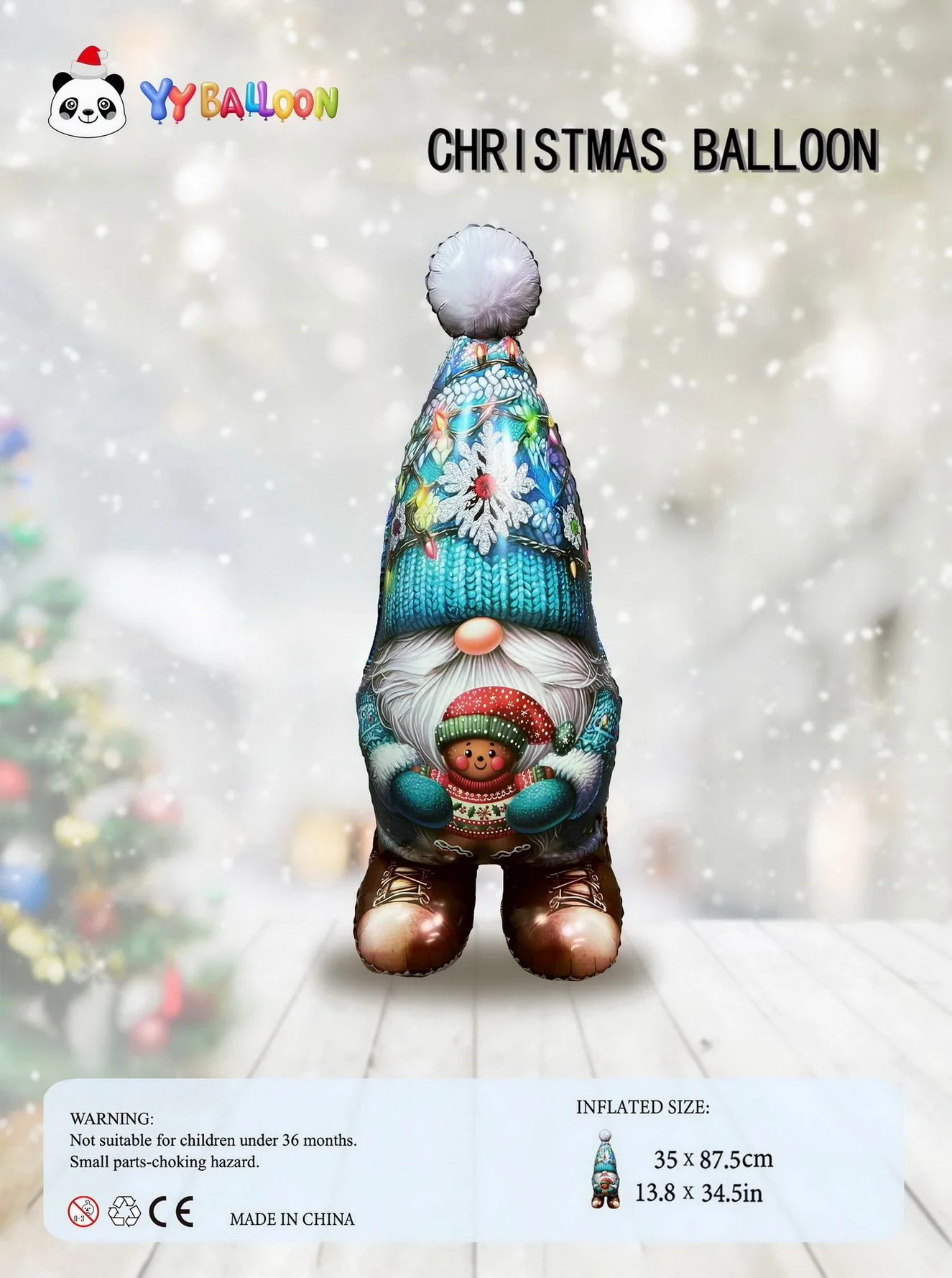 42" Standing Airfill Only Christmas Gnome Blue Foil Balloon - Image 2