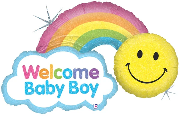 45" Holographic Shape Packaged Rainbow Baby Boy Balloon