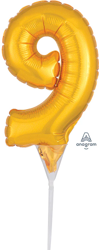 6" Airfill Only Micro Number Cake Topper Gold Number 9 Balloon