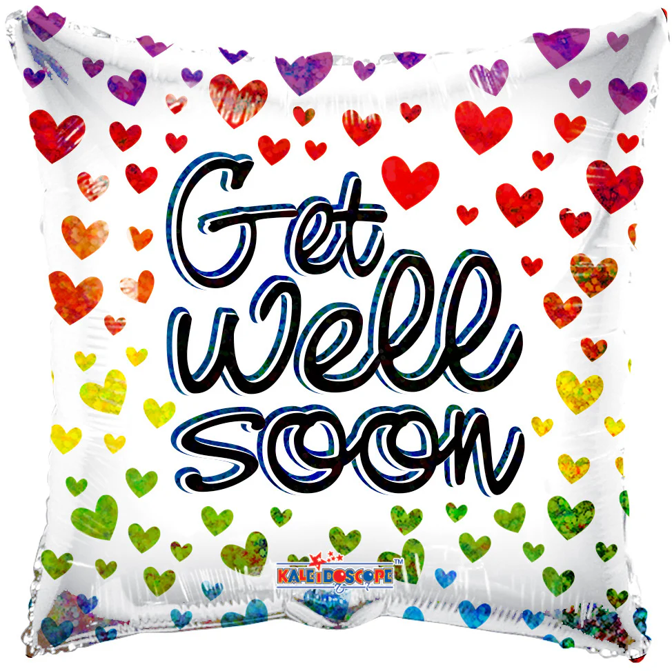 9" Airfill Only (Sticks Sold Separately) Get Well Hearts Holographic Square Foil Balloon