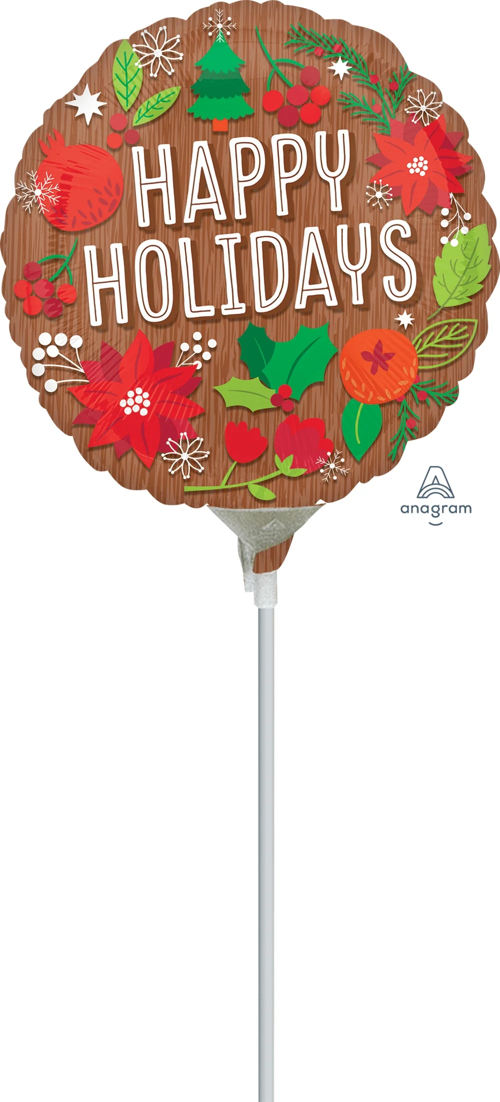 9" Airfill Only (Sticks Sold Separately) Woodgrain Happy Holidays Foil Balloon
